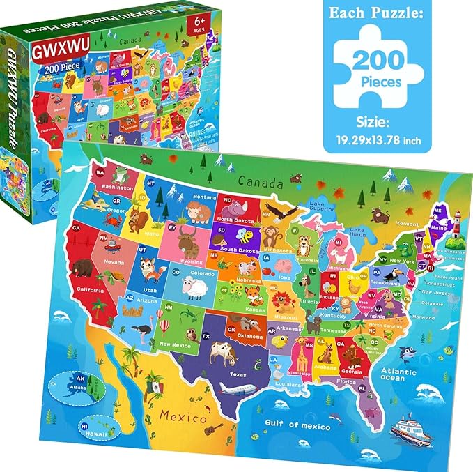 Puzzles for Kids Ages 6-8 and 8-10 – 200 Piece USA Map Jigsaw Puzzle – Educational Learning Toy for Boys and Girls