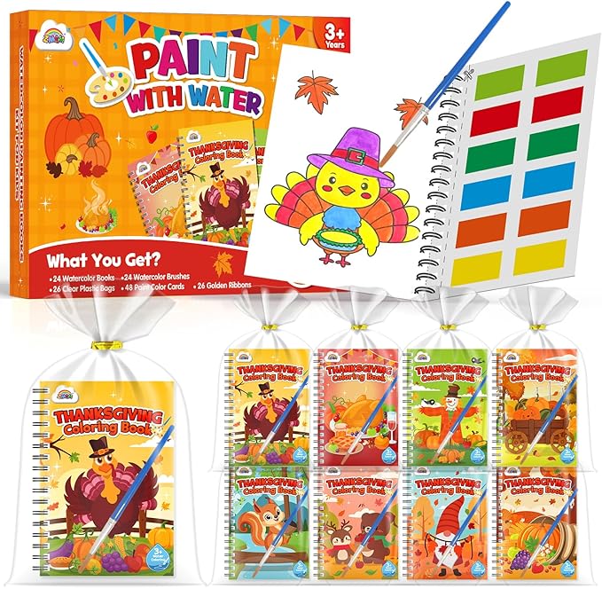 ZMLM 24 Water Coloring Books for Kids Party Favors - Bulk Mini Coloring Books for Kids Ages 4-8,Small Birthday Goodie Bag Stuffers School Teacher Return Gift Art Crafts Classroom Prizes (Thanksgiving)