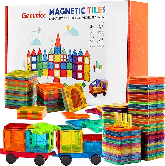 Gemmicc Magnetic Tiles 100 PCS with 2 Cars, STEM Approved Educational Magnet BuildingToys, Magnet Puzzles Stacking Blocks for Boys Girls