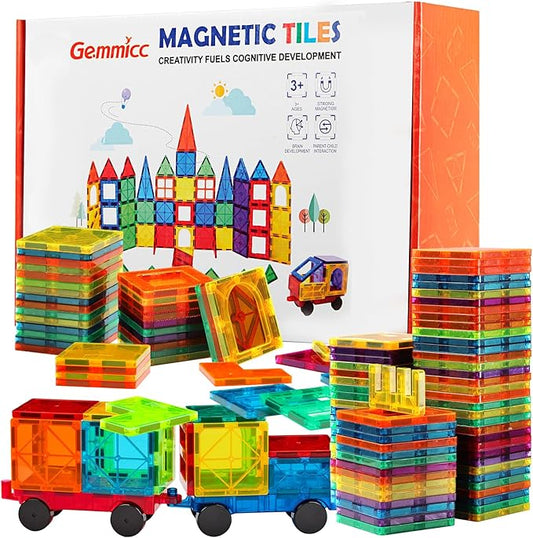 Gemmicc Magnetic Tiles 100 PCS with 2 Cars, STEM Approved Educational Magnet BuildingToys, Magnet Puzzles Stacking Blocks for Boys Girls