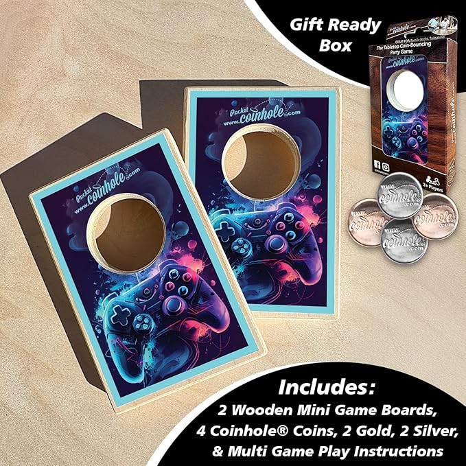 Coinhole Desktop Coin Bouncing Party Game Set | Tabletop Cornhole Board Game | Small Cornhole Travel Game Includes Coins