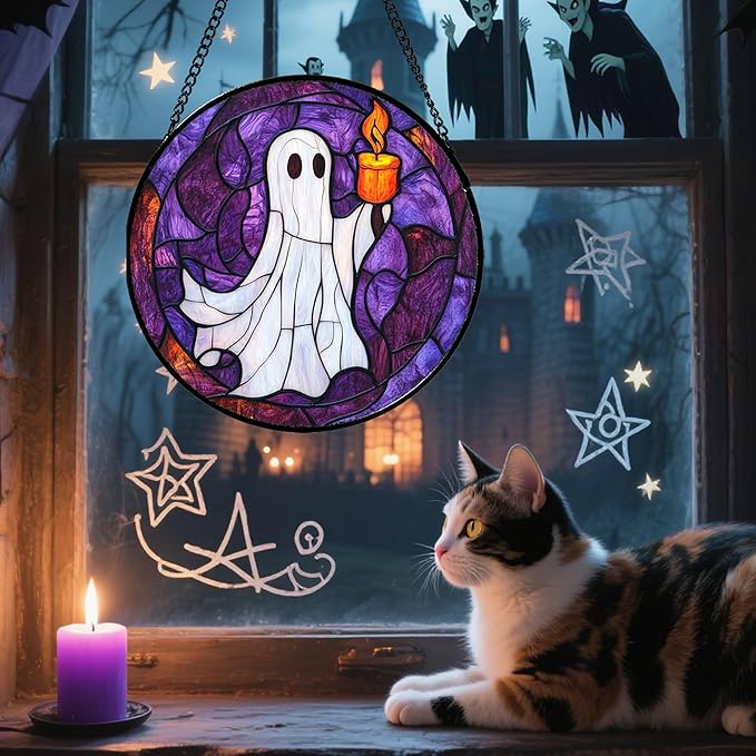 Stained Glass Window Hanging - Halloween Decorations Ghost Suncatcher for Doors Garden Indoor Spooky Funny Purple Sun Catchers Gothic Decor Horror Gifts for Women Men Friend 7.8 in