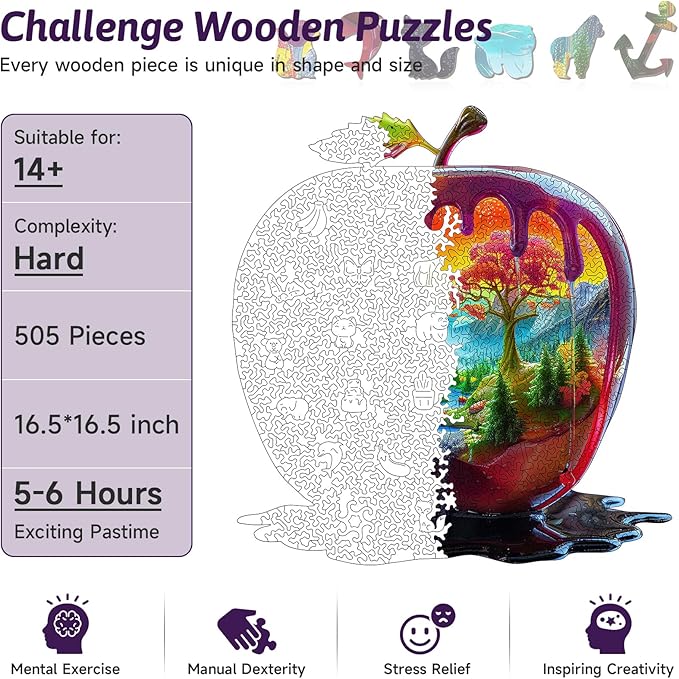 Wooden Puzzles for Adults - Apple Shaped Wood Jigsaw Puzzle Large Size Adult Wooden Puzzles, 505pcs Unique Wood Animal Shaped Puzzle for Adults, Birthday Gift Family Game Home Decor