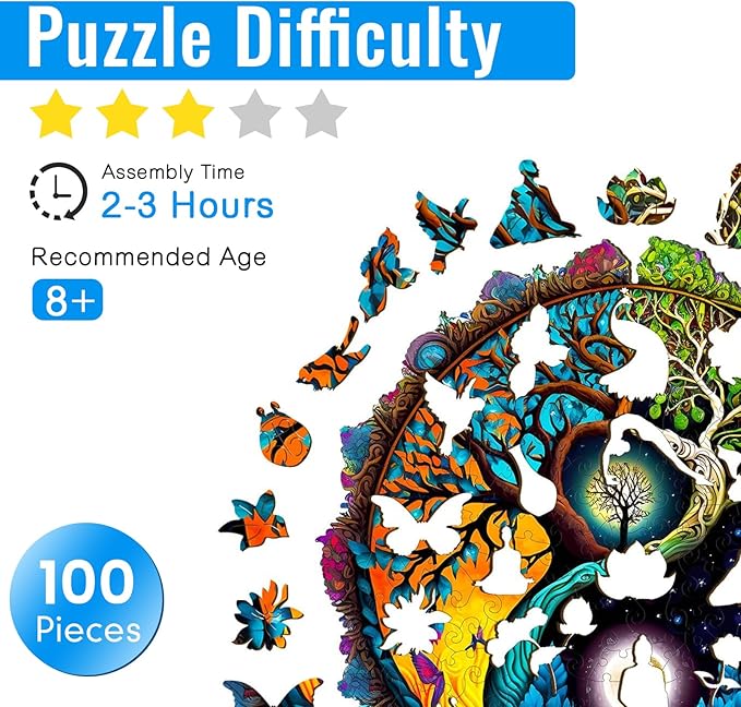 Wooden Puzzles for Adults - 100 Pieces Yinyang Tree of Life Wooden Puzzle - Unique Animal Shape Wood Cut Puzzles - Eco-Friendly Home Office Decor (S-7.9 * 7.9in)