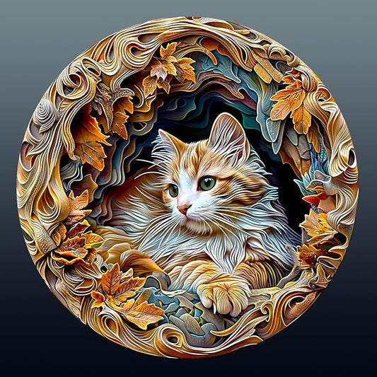 Wooden Puzzles for Adults, 3D Visual Effects Inside The Cave with a Persian Cat Wooden Jigsaw Puzzles for Adults, Unique Shape, Wood Puzzles Adult, Wall Art Home Decor (L-13.4 * 13.4in -300 pcs)