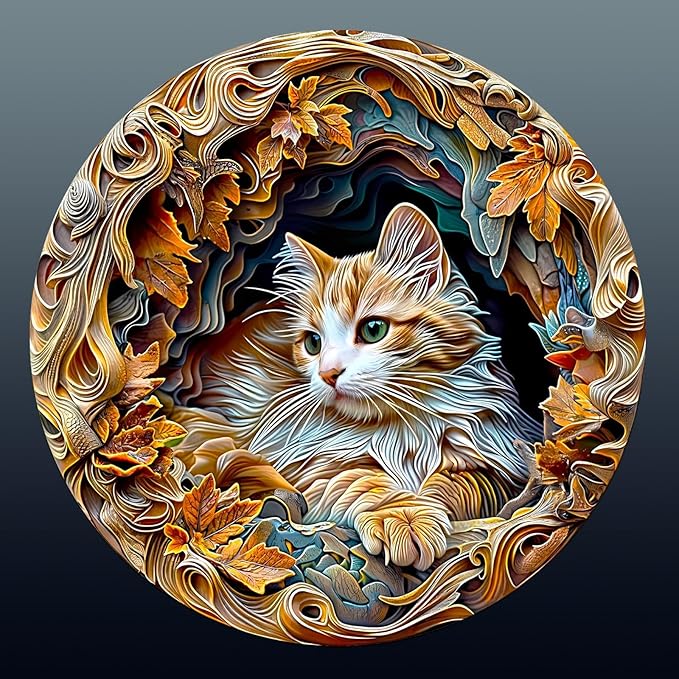 Wooden Puzzles for Adults, 3D Visual Effects Inside The Cave with a Persian Cat Wooden Jigsaw Puzzles for Adults, Unique Shape, Wood Puzzles Adult, Wall Art Home Decor (M-11.4 * 11.4in -200 pcs)
