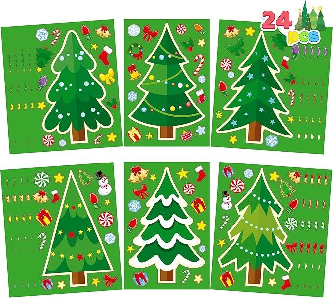 JOYIN 24 Pcs Christmas Tree Stickers, Make Your Own Christmas Tree Green Stickers Sheets, Party Favors for Kids Xmas Party Supplies, Classroom Games, Stocking Stuffers Holiday Presents