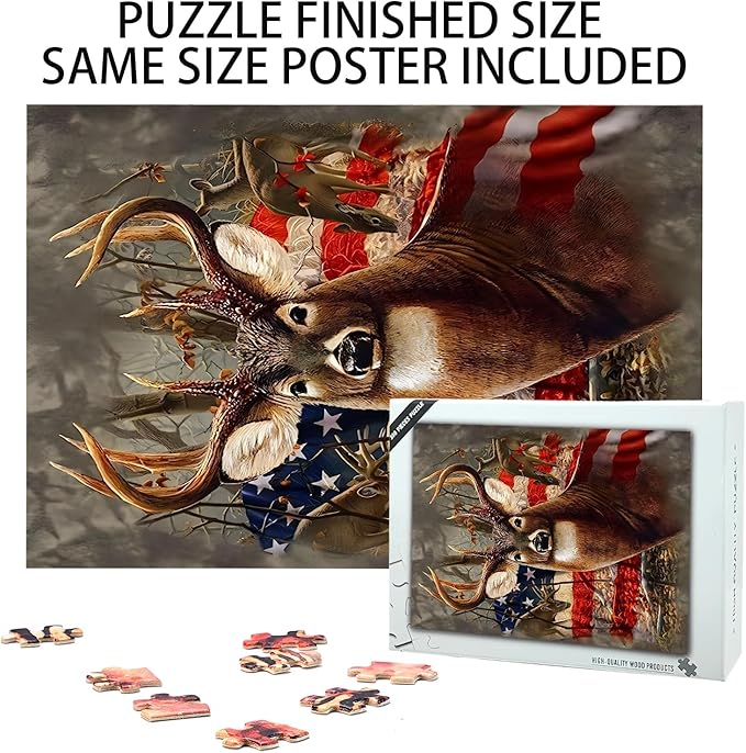 300 Pieces. American Flag Deer Puzzle/Premium Quality Wooden Jigsaw/Stress Reducing Toys/Educational Toys/Parent-Child Games/Puzzles Size: 15.7 x 11 in and 1:1 Original Picture Poster