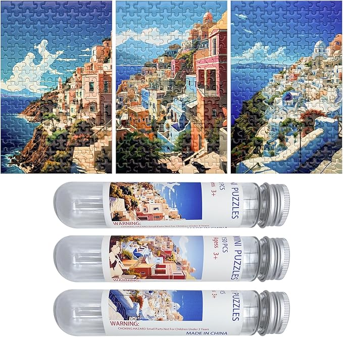 150 Pieces Mini Jigsaw Puzzles for Adults & Kids,6 x 4 Inches,Mini Puzzles,Travel Puzzle,Small Micro Puzzles,Challenging Difficult Puzzle,3 Pack Aegean Sea Santorini