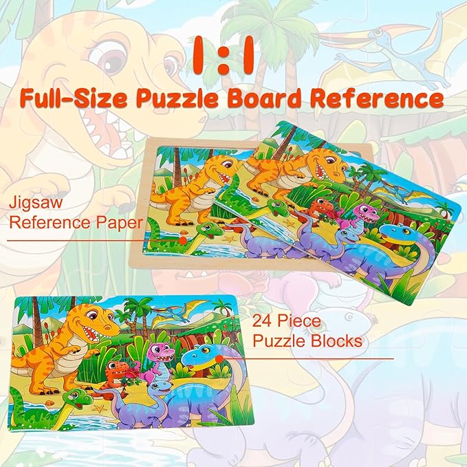 Wooden Jigsaw Puzzles for Kids Ages 3-6, 4 Pack with Dinosaurs Preschool Educational Toys, Toddler Puzzles Gift for 3 4 5 Year Old Boys Girls (Dinosaur)