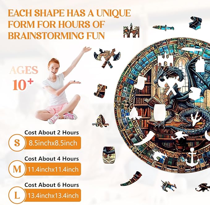 Wooden Puzzles for Adults, Wooden Jigsaw Puzzles for Adults Kids, The Dragon's Library Unique Shaped Wood Puzzles Adult, Creative Birthday Gifts for Friends Family Game (13.4 * 13.4in 300pcs)