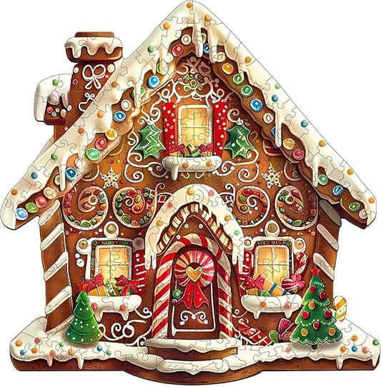Wooden Puzzles for Adults, Christmas Gingerbread House Wooden Jigsaw Puzzle, Unique Shape Wood Puzzles Adult, Presents for Family, Wall Art Home Decor (M-11.2 * 11in- 185 Pieces)