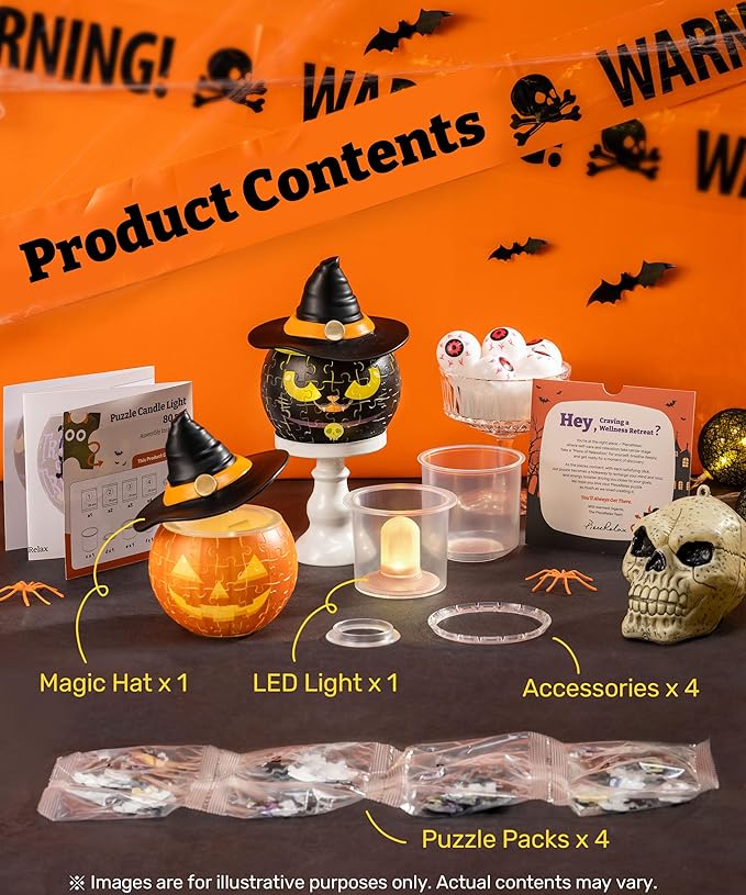 PieceRelax Halloween 3D Puzzle Candle Light 80 Pieces - LED Jack O’ Lantern - Rechargeable Plastic Pumpkins for Indoor & Outdoor Spooky Decorations, Magic Cat [KL1075]