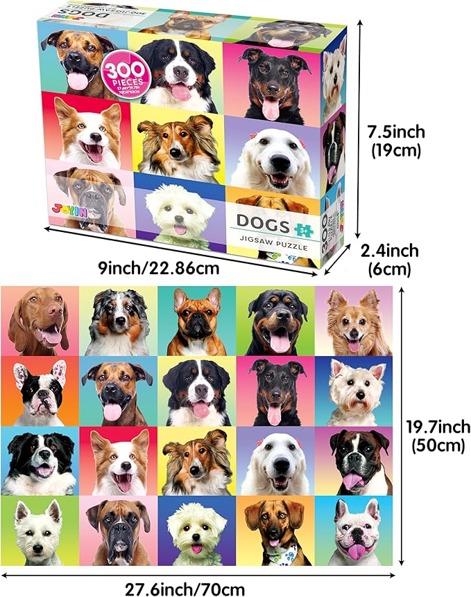 JOYIN 300 pcs Multicolor Dogs Puzzles, Jigsaw Puzzle for Kids and Adults(27.6" x 19.7"), Puppy Theme Puzzles for Teens, Collection Gift Home Art Decor