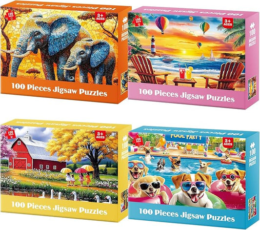4-Pack Puzzles for Kids Ages 6-8 8-10 Year Old - Elephants, Farm, Beach, Dogs, Large Piece Puzzles for Seniors, 100 Pieces Jigsaw Puzzle for Kids Ages 4-6, Learning Educational Toys