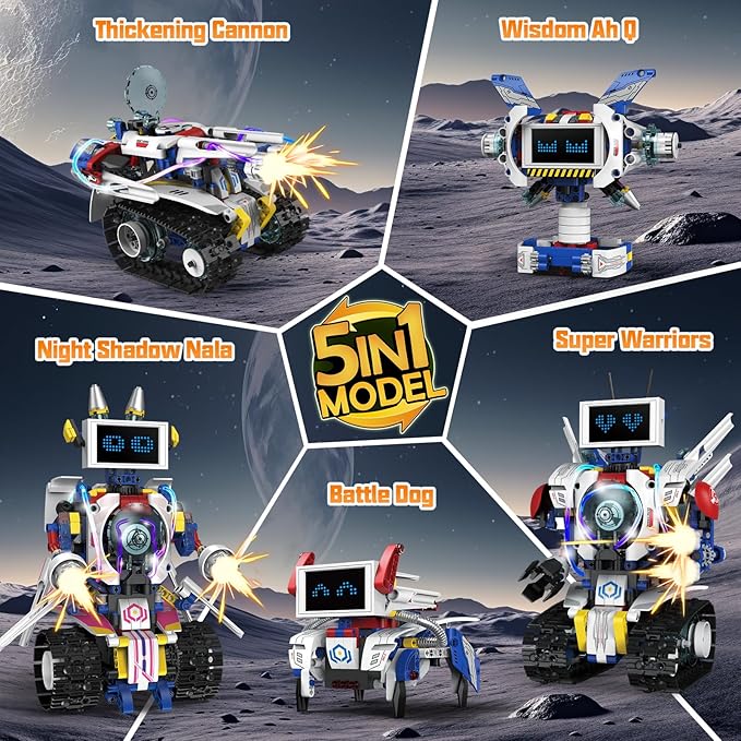 5 in 1 STEM Robot Building Kit, APP & Remote Control Screen Building Toys, Eye Coding Robots Rechargeable, 620Pcs DIY Super Warriors for Kids Learning, Boys Girls Birthday Gifts