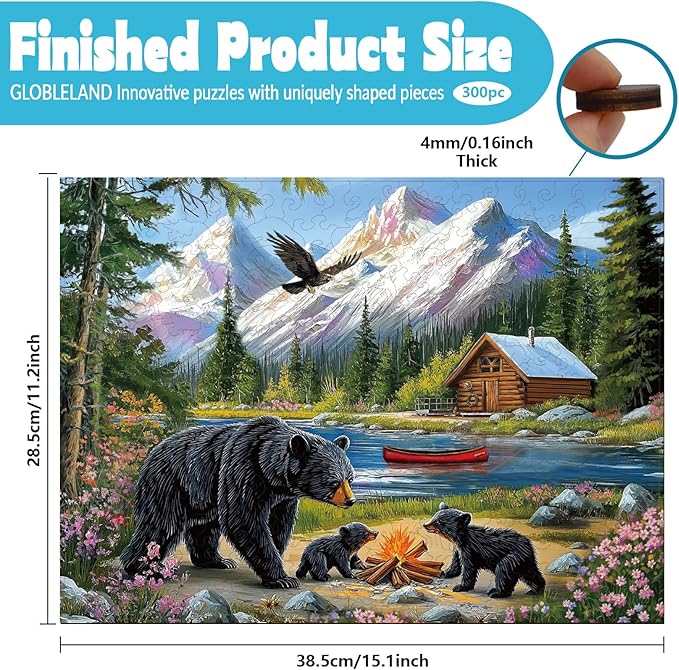 GLOBLELAND 300Pcs Bears and Nature Wooden Jigsaw Puzzles for Adults 11.22x15.16inch Colorful Landscape Wood Puzzles for Holiday Birthday Gifts