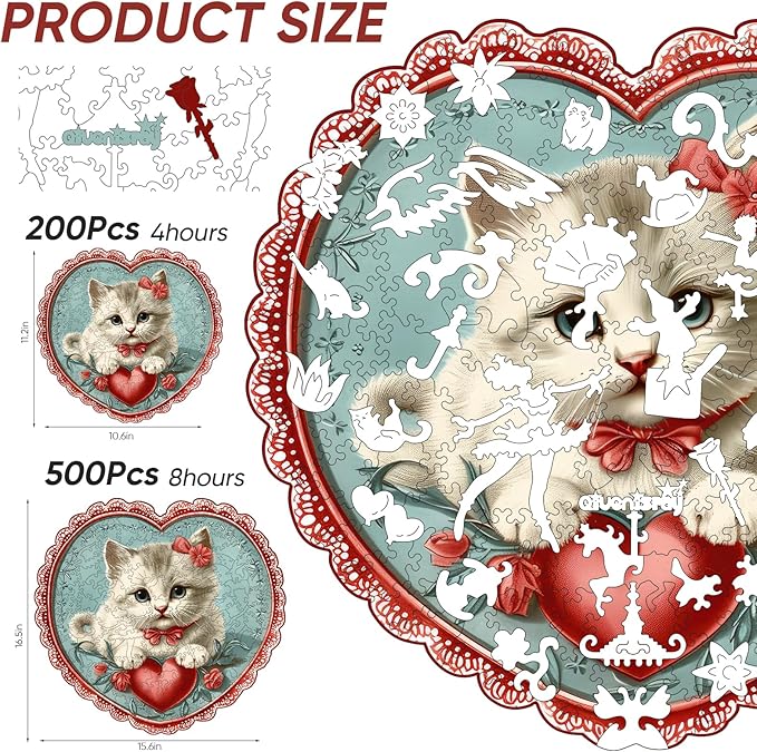 Wooden Puzzle for Adults - 3D Vision Effect Heart Cat Puzzle 200 Pcs Unique Shape Advanced Wooden Jigsaw Puzzle, Challenge Jigsaw Puzzle(11.1 x 11.2 in)
