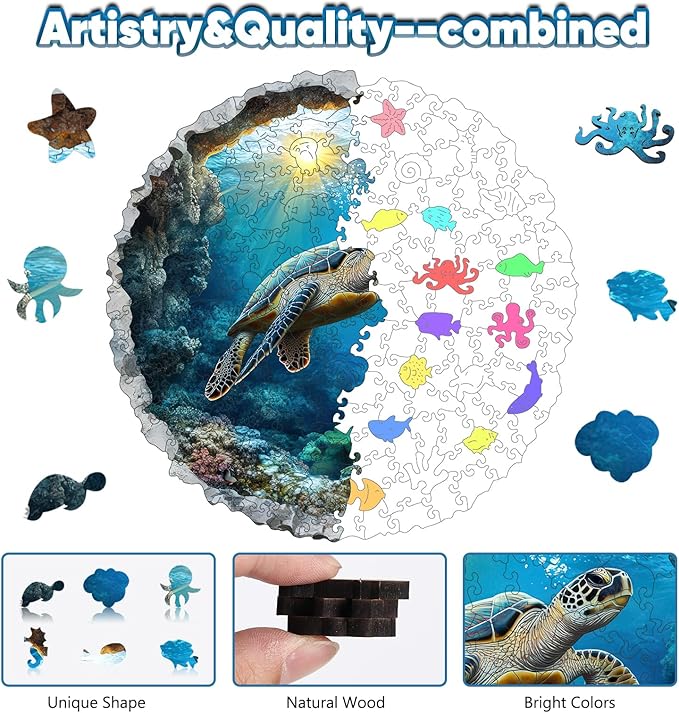Leodozzio Wooden Puzzles for Adults, Sea Turtle Jigsaw Puzzles 500 Pieces-5MM Thickness, 16.5x16.5 Inch, Unique Shaped Wooden Puzzle, Birthday Gift Family Game