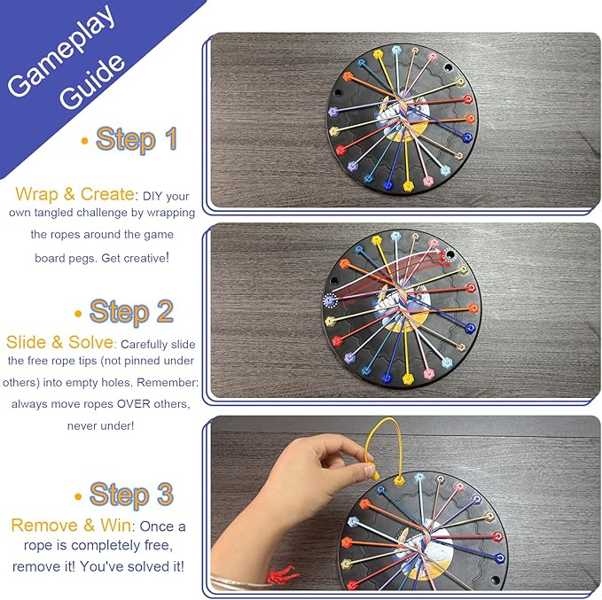 Rope Untangling Puzzle Game for Kids & Adults, 3-Level Brain Teaser with 22-Hole Board & 10 Colorful Ropes, Educational Travel Toy, Family Party Game with Strategy Challenges