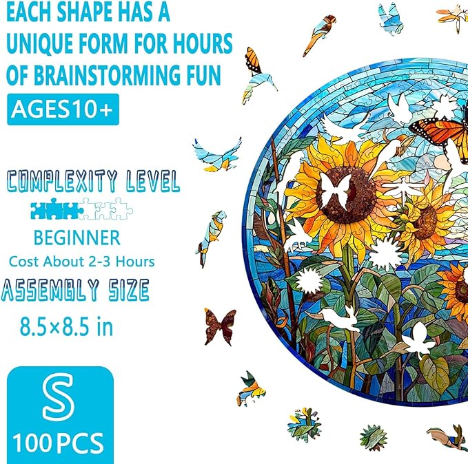 Wooden Puzzles for Adults - Glass Sunflower Wood Puzzle, Unique Shaped Wooden Jigsaw Puzzles for Adults, Wood Puzzles Adult, Perfect for Birthday Gift, Family Puzzle, 100 Pieces 8.5 x 8.5in, Small