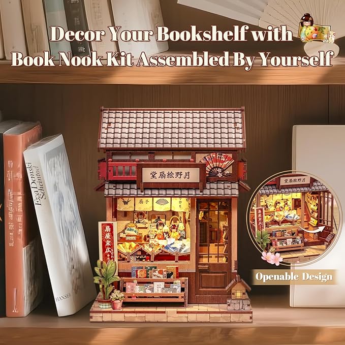 Fsolis Book Nook Kit - DIY Miniature House Kit for Adults Mini House Tiny 3D Puzzles for Bookshelf Diorama Decor Gifts for Women Teenagers Puzzle Lovers (Japanese Fan Shop)