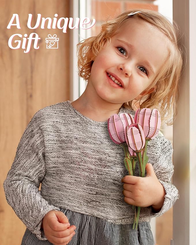 rowood Wooden Flower,3D Puzzles for Adults,Artifical Flower Botanical Collection Building Kit,Mother's Day/Valentine's Day Pink Tulip