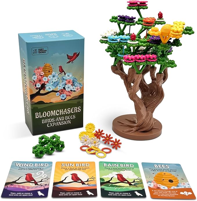 Bloomchasers Birds and Bees Expansion Pack, 3D Flower Stacking Tree Building Board Game for Families and Adults, Light Strategy, Beautiful, Fun & Competitive, 1-6 Players, Age 12+