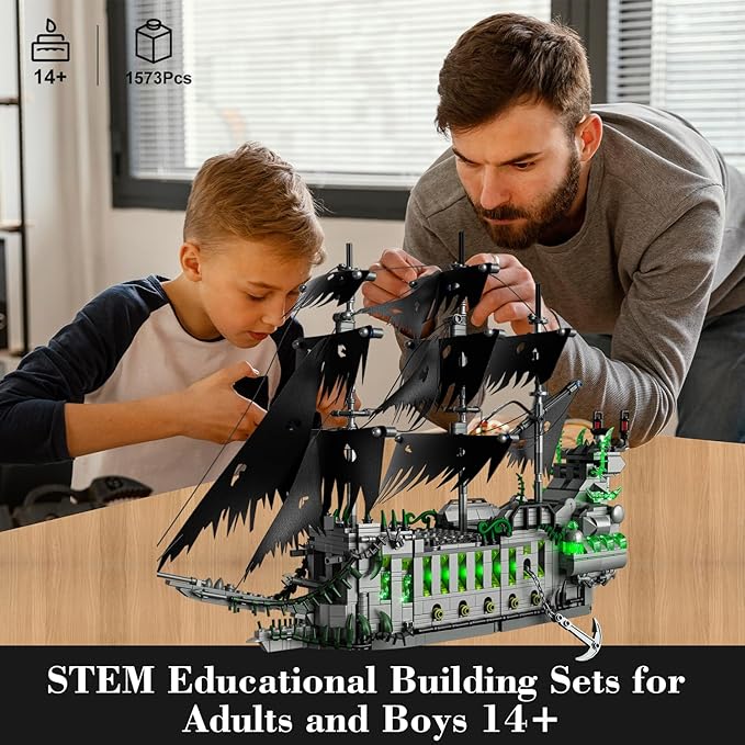 1573 Pcs Pirate Ship Building Set with LED Light,STEM Ghost Ship Flying Dutchman Building Toy,Model Boat Mini Brick Kit Home Office Decor,Halloween Easter Gift for Adults Boys Kids Ages 14+