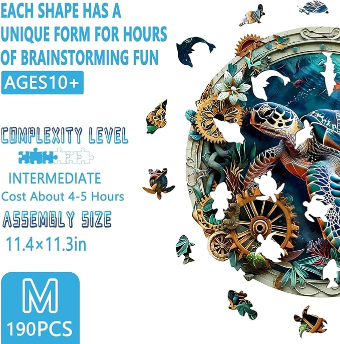 Wooden Puzzles for Adults, Embossed Sea Turtle Puzzle for Adults, Unique Shaped Wooden Jigsaw Puzzle, Wood Puzzles Adult, Fun Gifts for Friends & Family, Wall Art Canvas (M-11.4 * 11.3in -190 pcs)