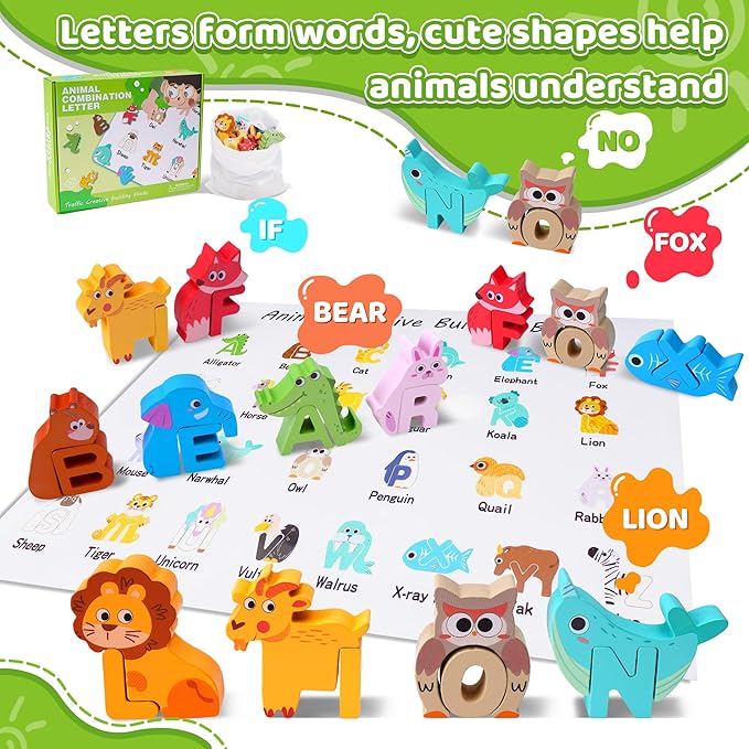Wooden Toddler Puzzles, Montessori Toys ABC Alphabet Puzzle for Kids Ages 3-5, Cute Animal Shape Letters Matching Game, Preschool Learning Educational Toys Gift for Girls Boys 3 4 5 Years Old