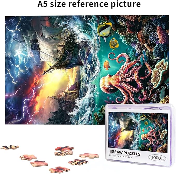 Premium 1000 Piece Jigsaw Puzzle for Adults Marine Pirate Shipoctopus Octopus Ocean Puzzle Sea World Octopus Pirate Ship Treasure Large Best New Marine Artwork Puzzle Game Gift