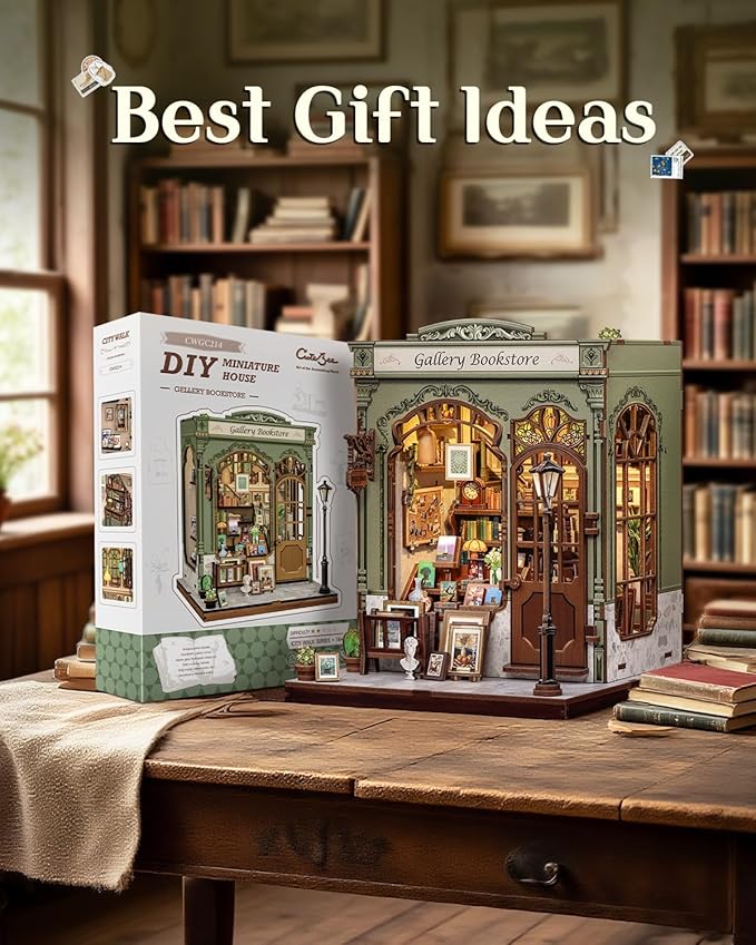 CUTEBEE DIY Book Nook Kit, Miniature House Kits for Adult and Teens, DIY Miniature Book Nook kit with Sensor Led Light, Gifts for Lovers and Family (Gallery Bookstore)