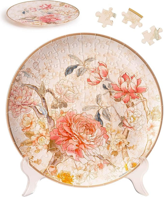 3D Puzzle Plate 124 Pieces - Peony Blossom Elegance - Jigsaw Puzzle for Adults, Decorative Plate with Durable Plastic Pieces, Ideal Gift for Home or Office Décor [PL1008]