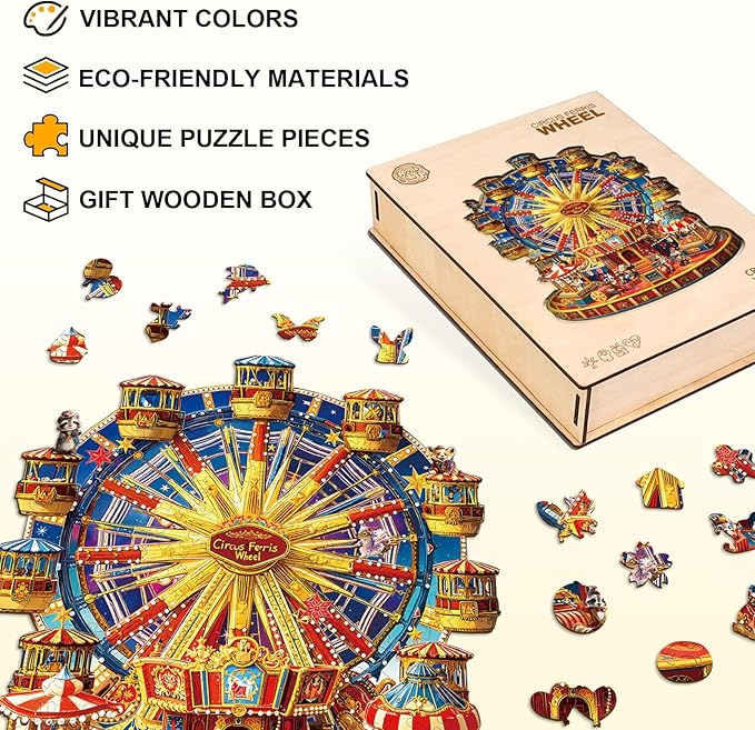 Jigfoxy Wooden Puzzles for Adults, Circus Ferris Wheel Wood Puzzles Adult, Unique Animal Shape Wooden Jigsaw Puzzles for Adults, Birthday Gifts for Puzzle Lovers, Family, Friend (M-11.4 * 9.7in-175pc)