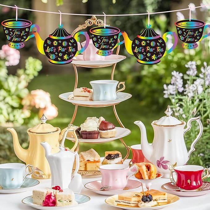 CY2SIDE Tea Party Scratch Cards - 60PCS DIY Floral Tea Cup and Teapot Scratch Paper Art for Kids School Activity, Let’s PARTEA Magic Art Rainbow Color Craft Ornament for Baby Shower Wedding Decoration