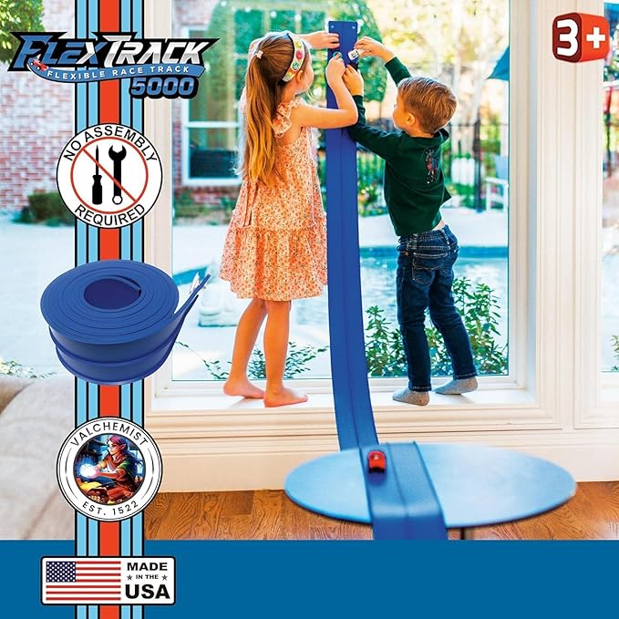 FlexTrack 5000 Flexible Race Car Track for Kids Toy with Suction Cups Compatible with Hot Wheels and Diecast 1/64th Cars and More 15 Feet Long Rolls Up Portable Racetrack (Racing Blue)