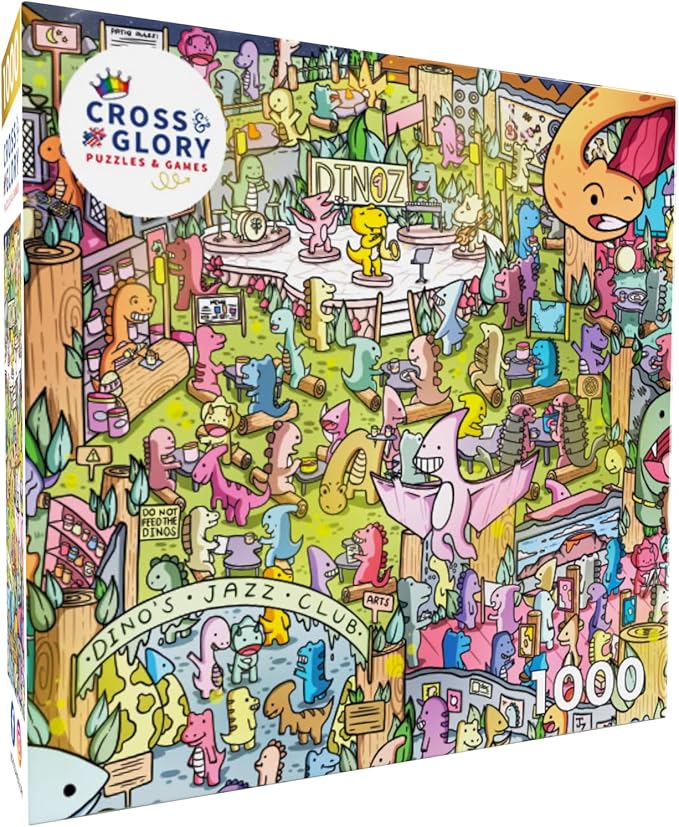 Cross & Glory - Jurassic Jive: A Night of Dino Jazz - 1000 Piece Jigsaw Puzzle for Adults & Kids 12+ & Kids | Whimsical Prehistoric Jazz Club Theme with Colorful Dinosaurs