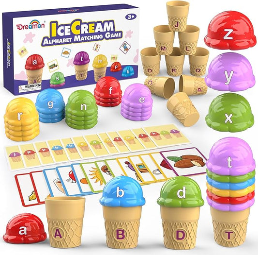 Ice Cream Color Sorting Toys for Toddlers, Montessori Learning Toys with ABC Letter Recognition Flash Cards for Preschool Kids (Alphabet)