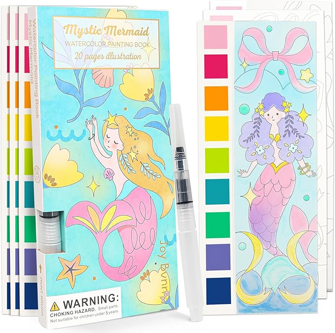 ROOCHKD Watercolor Painting Coloring Books Pocket Watercolor Paint Bookmarks, Mess Free Paint with Water Set, Travel Class Activities Art Party Favors Exchange Birthday Gifts for Kids (Mystic meraid)