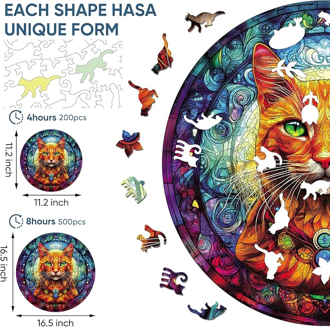 Wooden Puzzles for Adults, Yellow Cat Jigsaw Puzzles 200 Pieces, Unique Shaped Animal Wood Adult Puzzle, Best Gifts for Adults Family Games (11.2 * 11.2 inches)