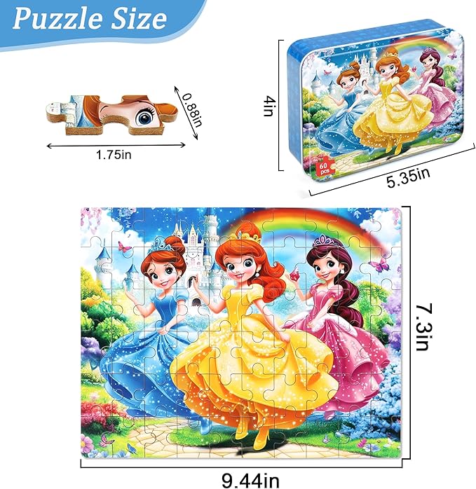Princess Puzzles for Kids Ages 4-8, 60 Pieces Jigsaw Puzzles for Kids Ages 3-5 Puzzle for Girls and Boys Learning Educational Puzzles Toys in a Metal Box