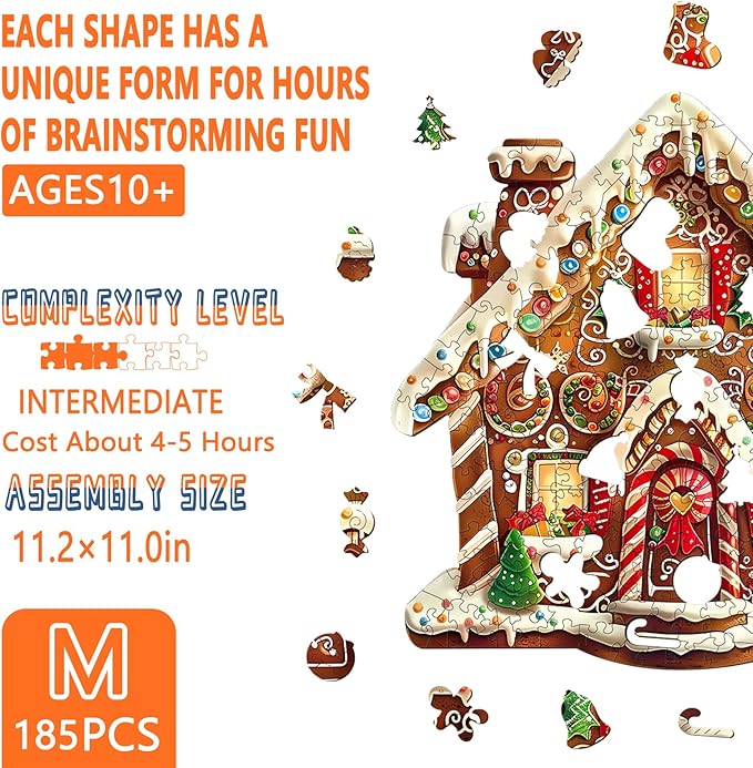 Wooden Puzzles for Adults, Christmas Gingerbread House Wooden Jigsaw Puzzle, Unique Shape Wood Puzzles Adult, Presents for Family, Wall Art Home Decor (M-11.2 * 11in- 185 Pieces)