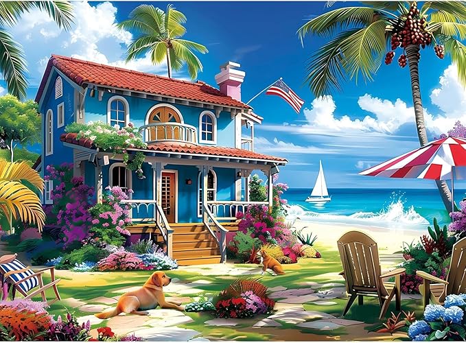 300 Pieces Puzzle for Adults | Beach House Puzzle | Recycled Cardboard Large Piece Jigsaw Puzzles 300 Pieces | Challenging Game Home Decor Birthday Party Gift Toy for Adults Kids Seniors 20.5*15 inch
