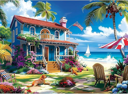 300 Pieces Puzzle for Adults | Beach House Puzzle | Recycled Cardboard Large Piece Jigsaw Puzzles 300 Pieces | Challenging Game Home Decor Birthday Party Gift Toy for Adults Kids Seniors 20.5*15 inch