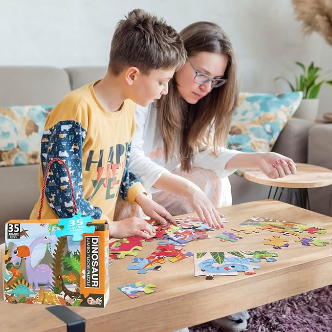 35 Piece Jumbo Dinosaur Puzzle for Kids Ages 3-6, Educational Large Floor Puzzles with Bonus Puzzle Sticker Sheets, Perfect Learning Toy Gift for Boys and Girls