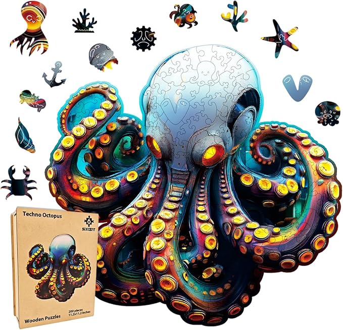 Wooden Jigsaw Puzzle, 200-500 Pieces Unique Shape Animal Puzzle, for Adults & Kids, Birthday Gift Family Game, Decorative Puzzle, Unique Gift (Techno Octopus, 200 PCS)