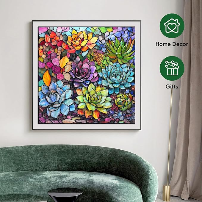 delobi Stained Glass Puzzles for Adults 500 Pieces Succulent Wooden Puzzles, Unique Liberty Challenging Jigsaw Puzzles Gift for Friends Family Game Medium Size 15.9'' x15.9''