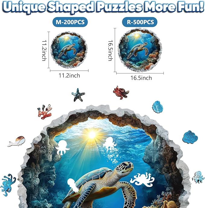 Leodozzio Wooden Puzzles for Adults, Sea Turtle Jigsaw Puzzles 200 Pieces-5MM Thickness, 11.2x11.2 Inch, Unique Shaped Wooden Puzzle, Birthday Gift Family Game