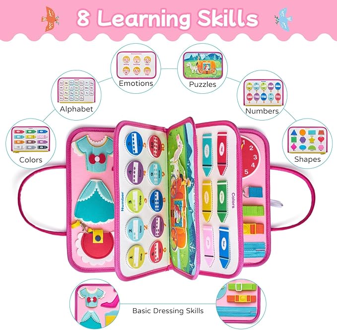 Freebear Deluxe Pink Princess Quiet Book Sensory Board for Toddlers 1-4, Montessori Educational Toys for Girls, Travel Toys with Activities